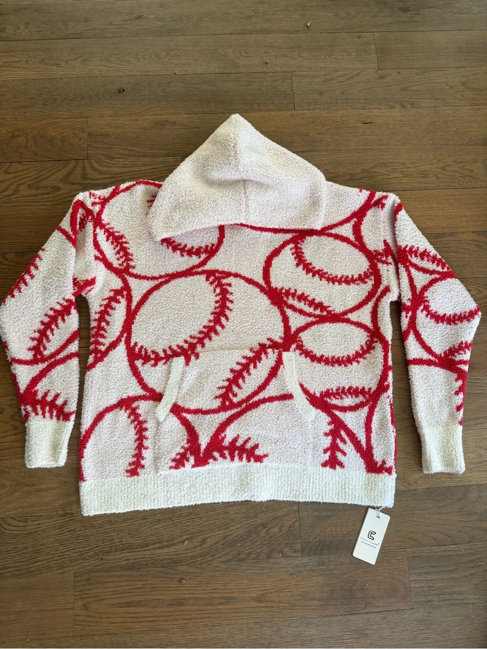 Cozy Baseball-Print Hooded Sweater - White & Red